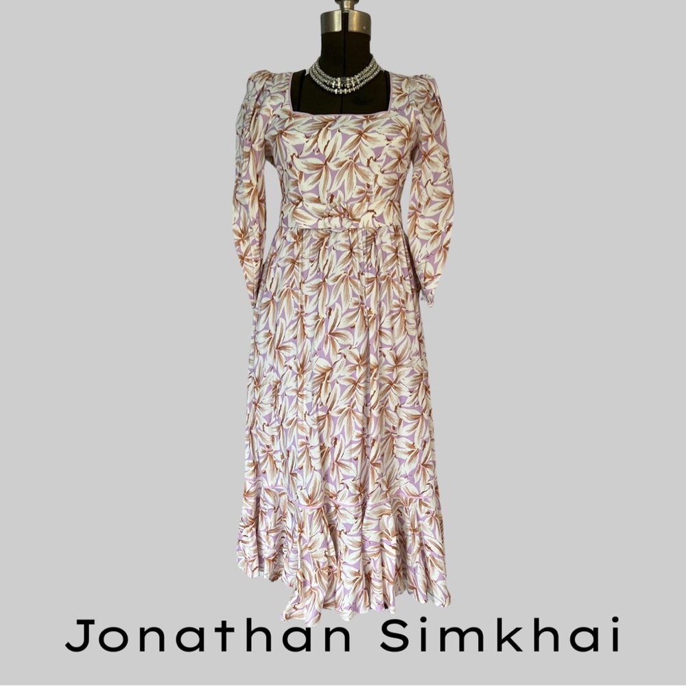 JONATHAN SIMKHAI ELLA FLORAL LONG SLEEVE DRESS IN LINEN W/ MATCHING BELT - SZ 4